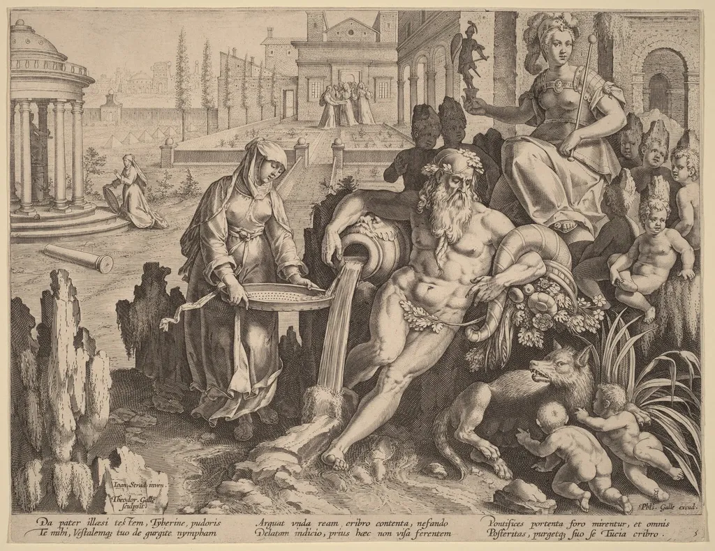 The Vestal Virgin Tuccia, by Theodor Galle, ink, 1595
