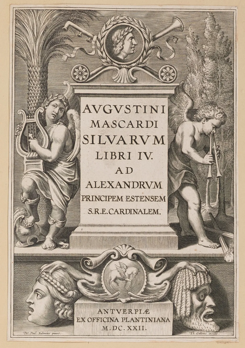 Title Page for Agostino Mascardi, Silvarium Libri IV, by Theodor Galle, ink, 1622