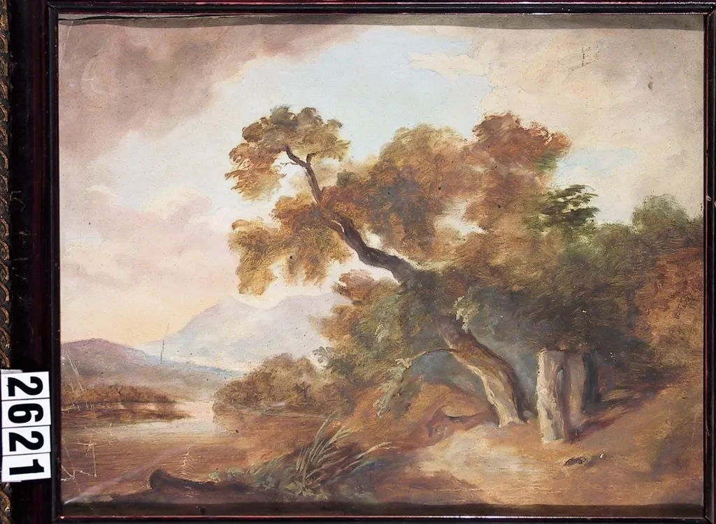 Peisaj deluros cu pomi și râu, by Theodor Glatz, unspecified, 1854