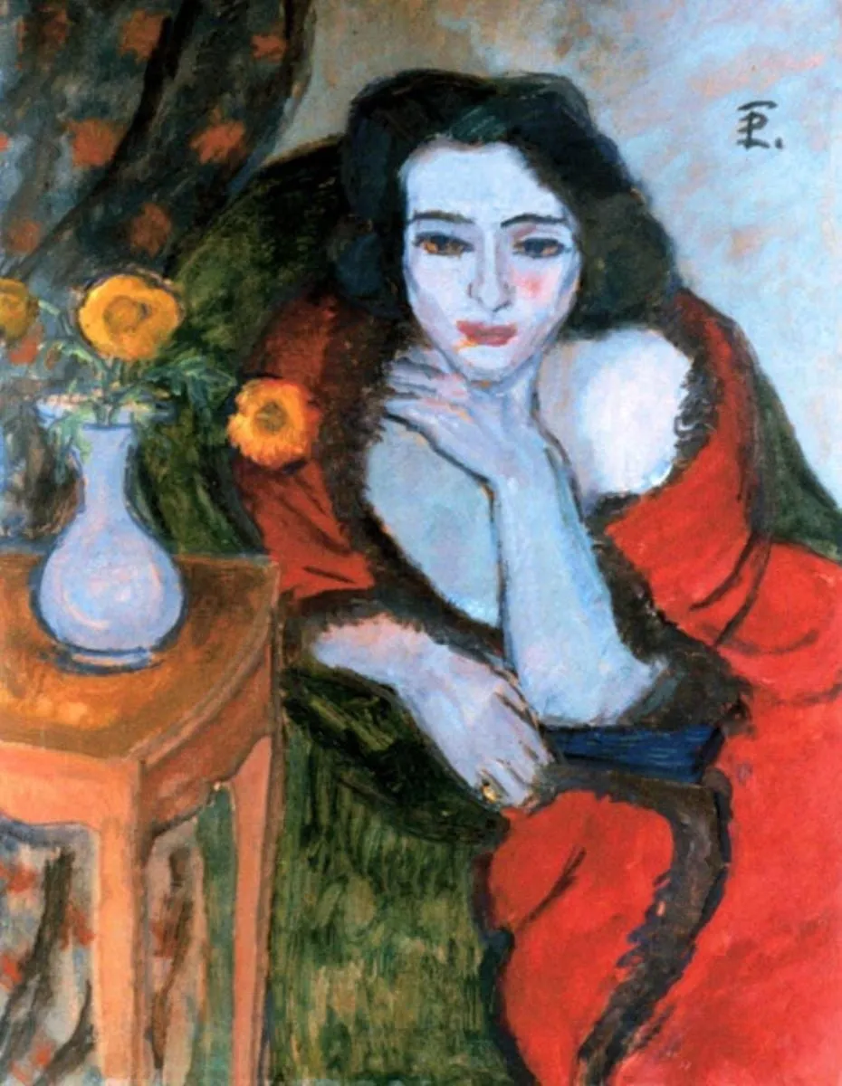 Femeie în fotoliu verde (Portret de doamnă cu o glastră de flori), by Theodor Pallady, unspecified, 1925