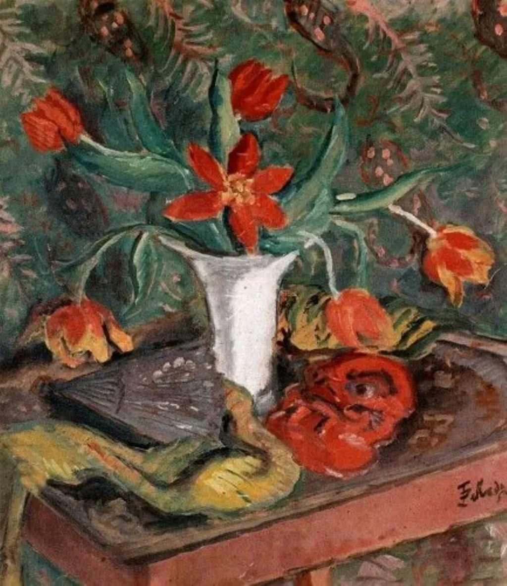 Natură moartă cu lalele, evantai și mască roșie, by Theodor Pallady, unspecified, 1920
