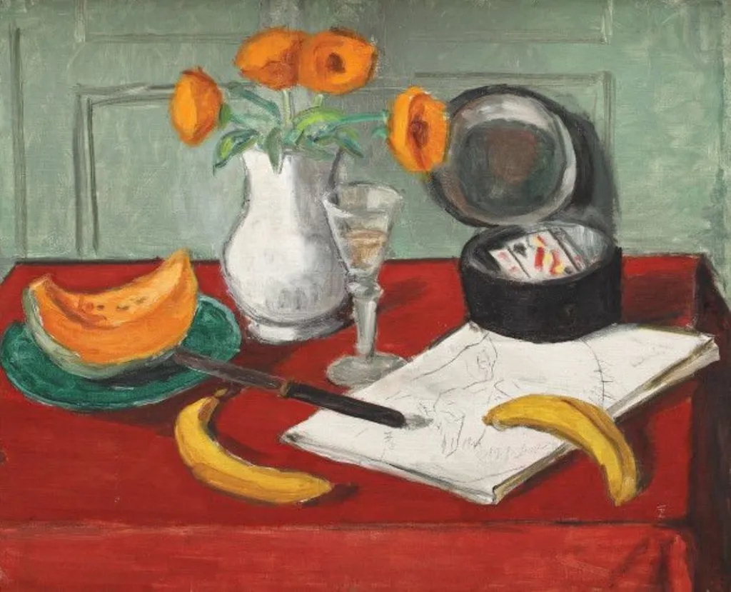 Natură statică cu dovleac, banane și autoportret, by Theodor Pallady, 1921