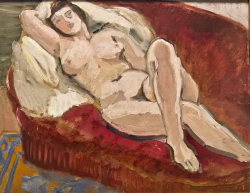 Nud pe canapea vișinie – Fată pe canapea