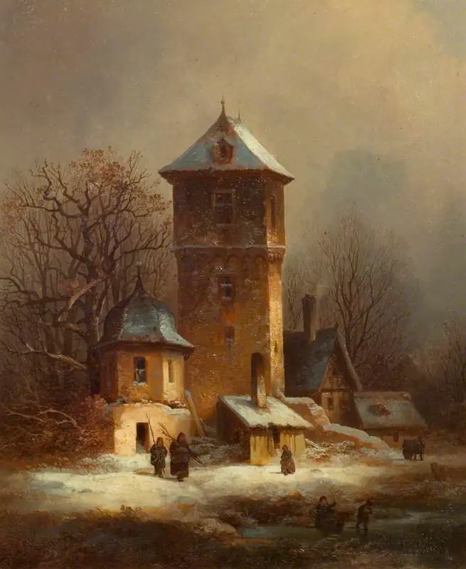 Snow Scene with Buildings and a Tower, by Theodor Verhas