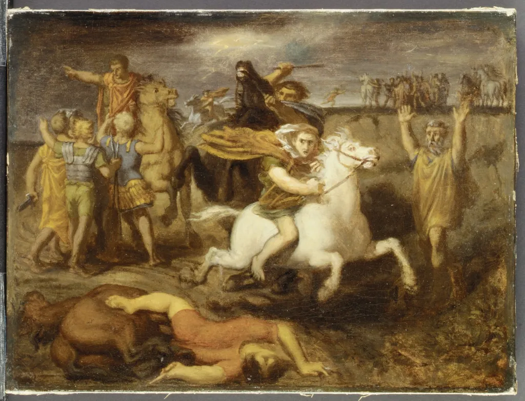 Scene from the Gallic Wars: The Gaul Littavicus, Betraying the Roman Cause, Flees to Gergovie to Support Vercingétorix, by Théodore Chassériau, oil, 1838