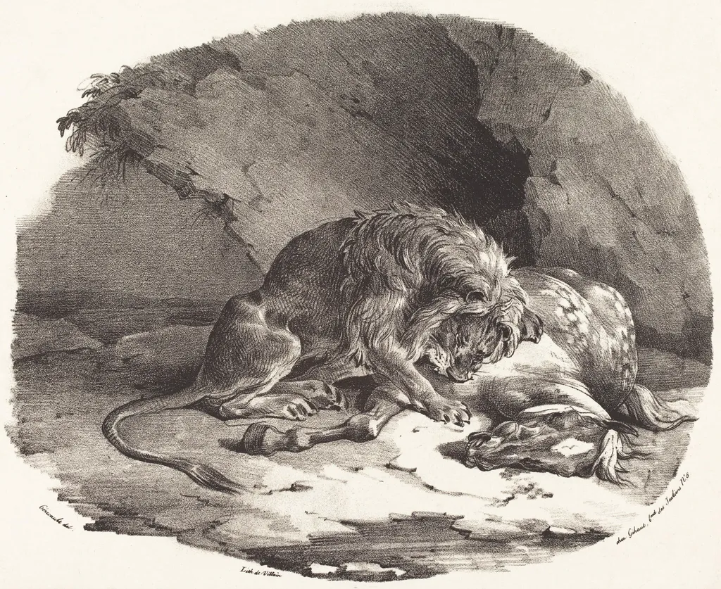 Horse Devoured by a Lion (Cheval devore par un lion), by Théodore Géricault, ink, 1823