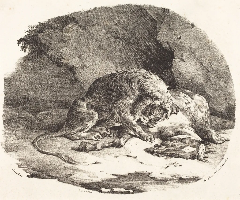 Lion Devouring a Horse, by Théodore Géricault, ink, 1823