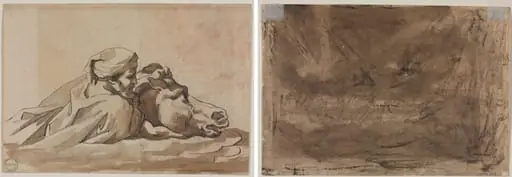 Man Clutching a Horse in Water, after Poussin's "Deluge" (recto); Compositional Study? (possibly for "Poussin's Deluge") (verso), by Théodore Géricault