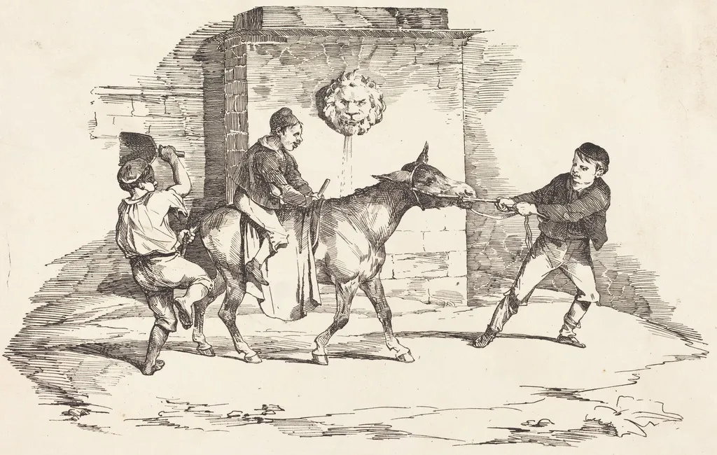 Three Children Playing with a Donkey (Trois enfants jouant avec un ane), by Théodore Géricault, ink, 1820
