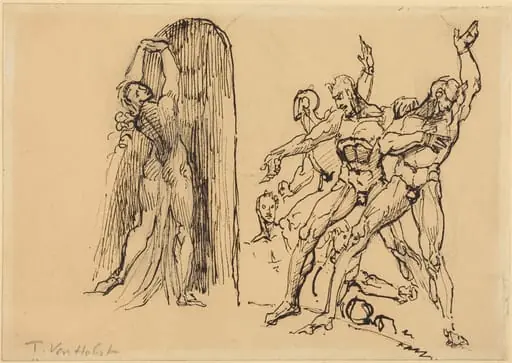 Five Male Nudes Gesticulating as a Nude Woman Enters a Portal, by Theodore M. von Holst