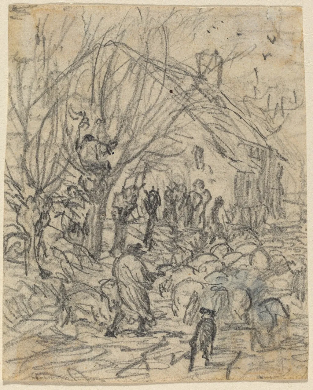 A Flock of Sheep before a Farmhouse, by Théodore Rousseau, graphite, 1840
