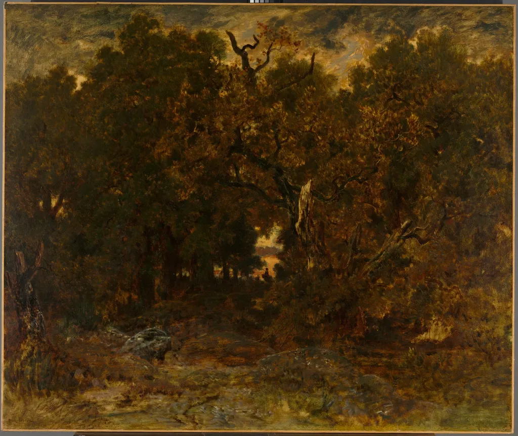 Leaving the Forest, Fontainebleau: Setting Sun, by Théodore Rousseau, unspecified, 1851