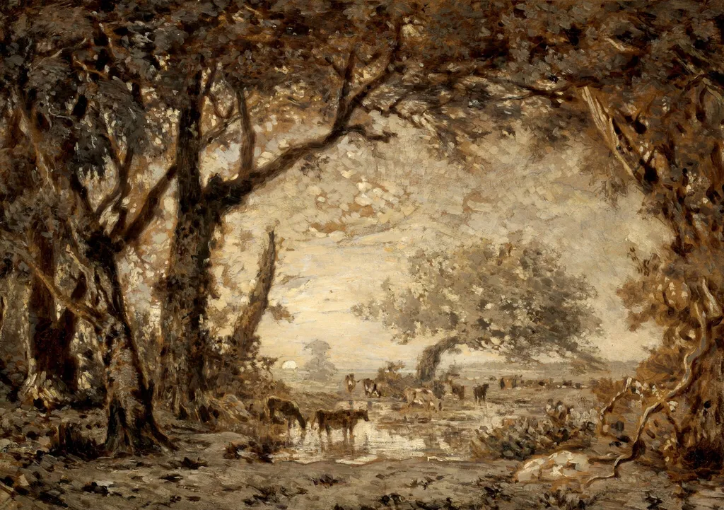 Sunset from the Forest of Fontainebleau, by Théodore Rousseau, oil, 1848