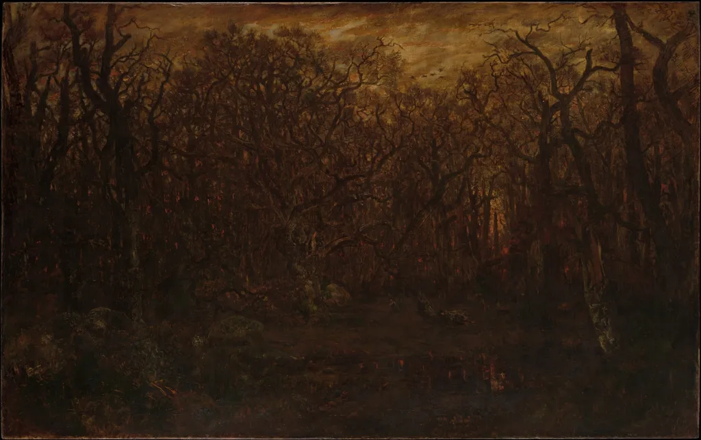 The Forest in Winter at Sunset, by Théodore Rousseau, oil, 1846