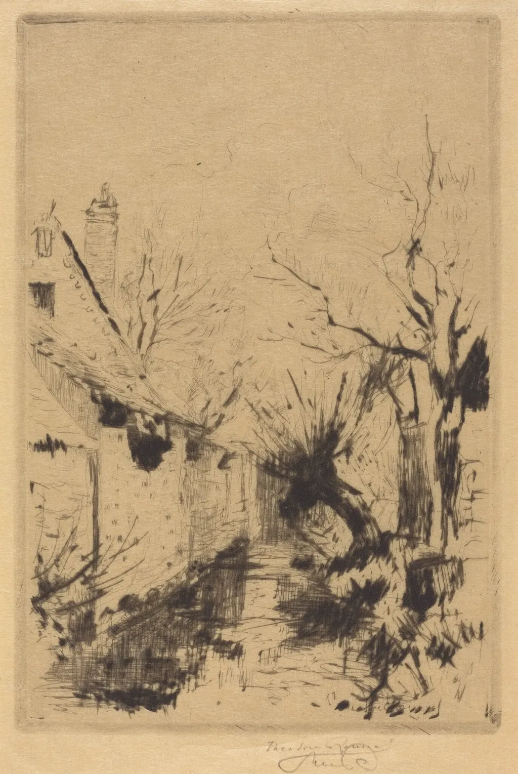 A Little Brook in Winter, Wiltshire, by Théodore Roussel, ink, 1910