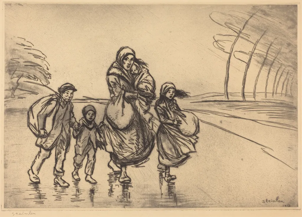 In the Rain: Mother and Children (Sous la pluie: La mere et les enfants), by Théophile Alexandre Steinlen, ink, 1915