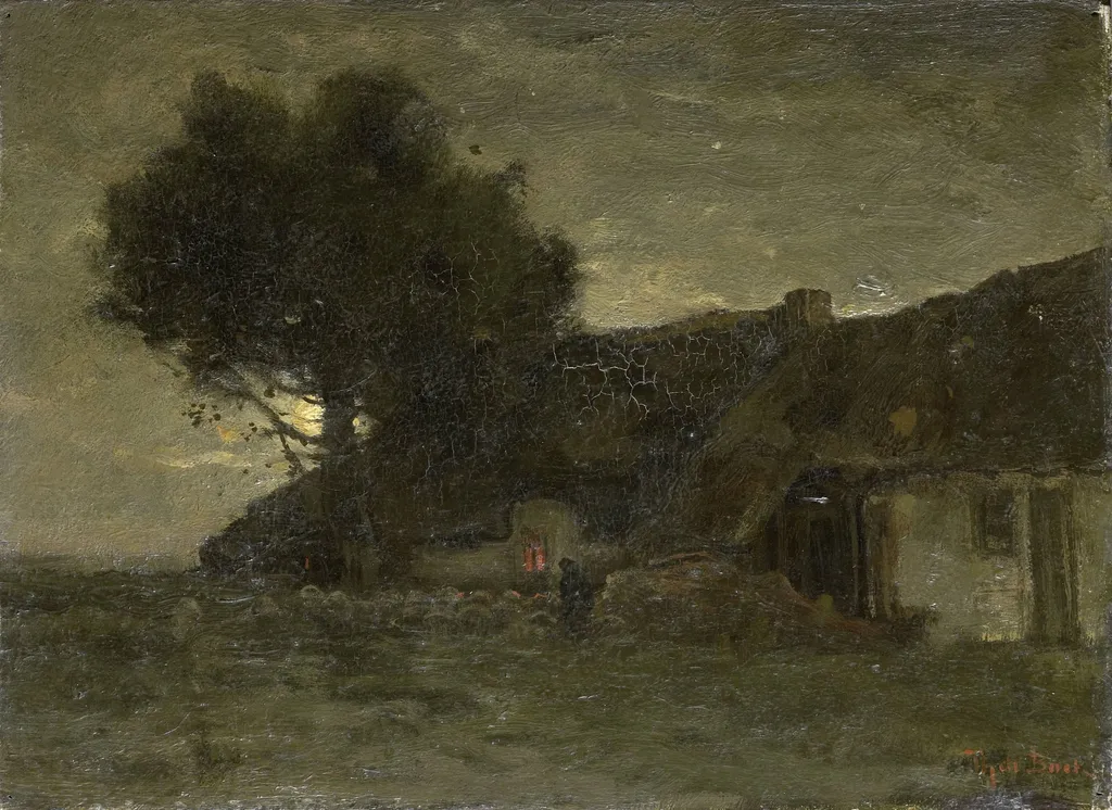 A Sheepfold at Nightfall, by Théophile de Bock, unspecified, 1870