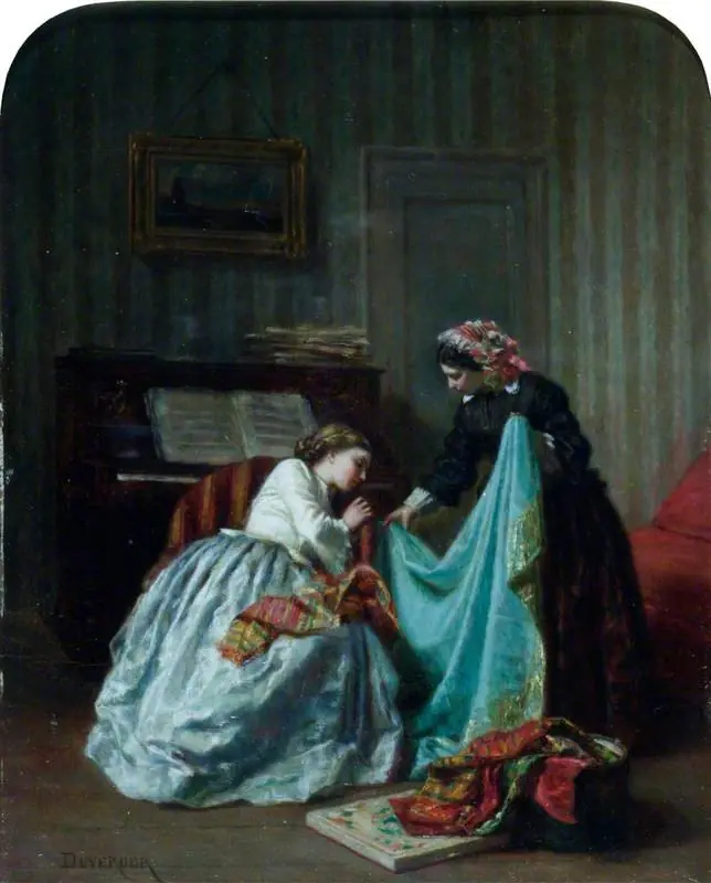 Interior with Two Women Examining Cloth, by Théophile Emmanuel Duverger