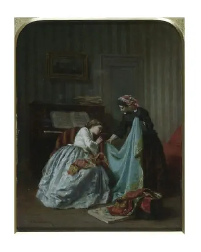 Interior with two women examining cloth, by Théophile Emmanuel Duverger