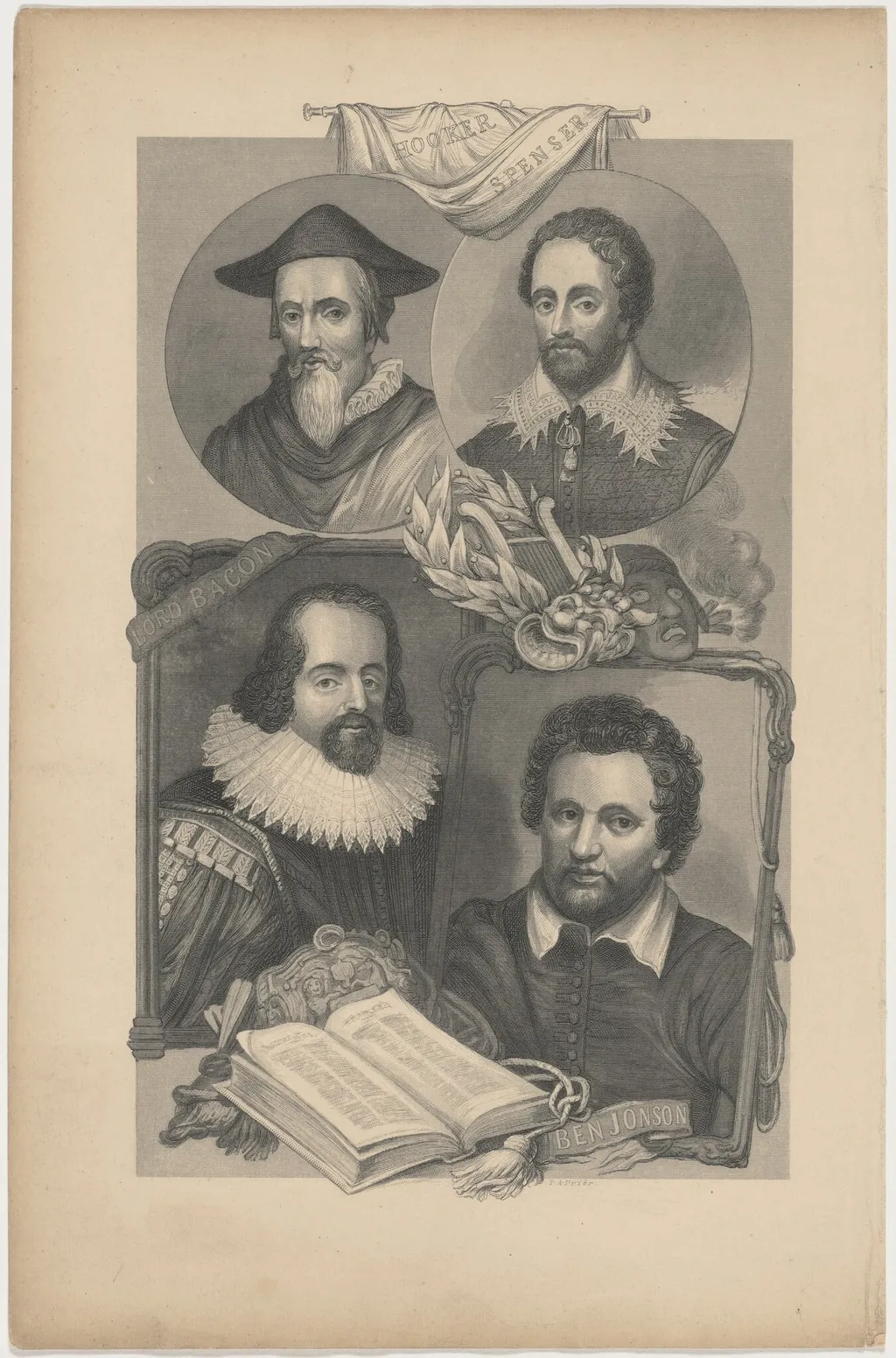 Hooker, Spenser, Lord Bacon, Ben Johnson, by Thomas Abiel Prior, ink, 1848
