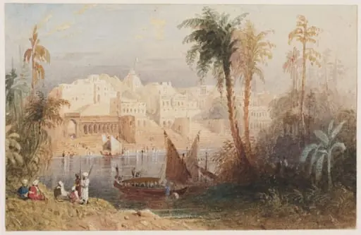 A view of an Indian city beside a river, by Thomas Allom