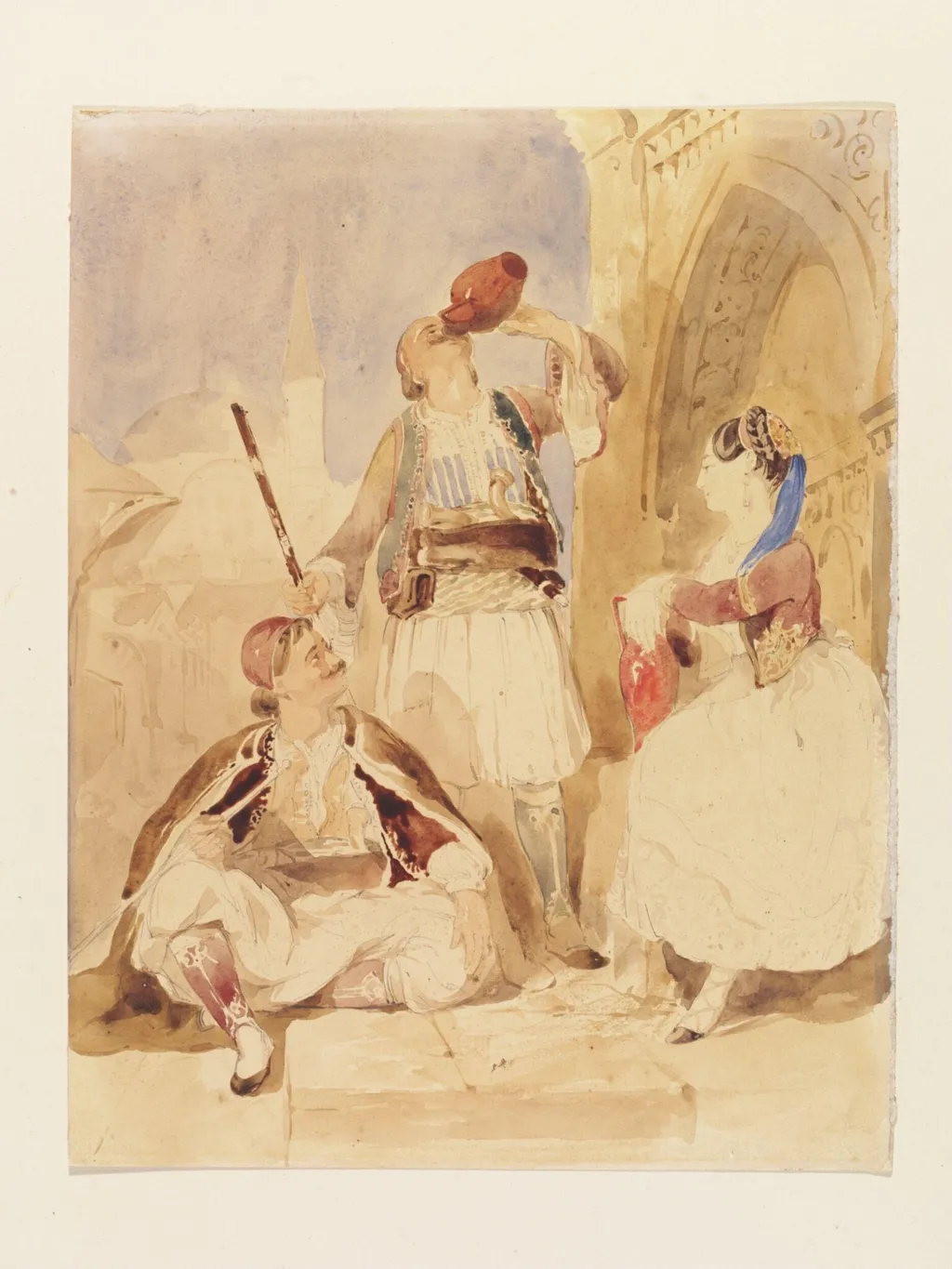 Albanians, and Greek woman of Smyrna, by Thomas Allom, watercolor, 1839