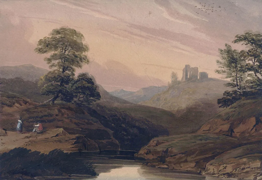 Mountainous Landscape with Stream and Ruin, by Thomas Bacon, watercolor, 1830