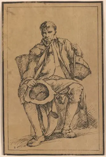 Forty Lithographic Impressions from Drawings of Landscape Scenery by Thomas Barker, Selected from His Studies of Rustic Figures after Nature: Seated Man with Baskets Holding Hat and Walking Stick, by Thomas Barker