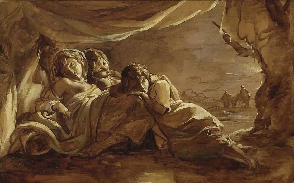 Three Girls asleep under a Tent - Morning, by Thomas Barker, oil