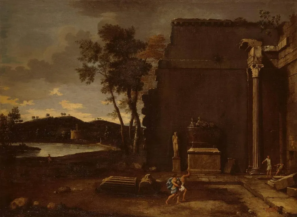 Landscape with sarcophagus, by Thomas Blanchet, oil, 1650