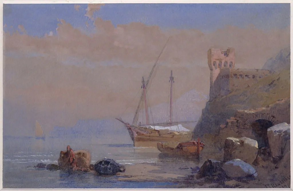 A Mediterranean coast scene with boats at anchor and a ruined castle, by Thomas Charles Leeson Junior Rowbotham, watercolor, 1840