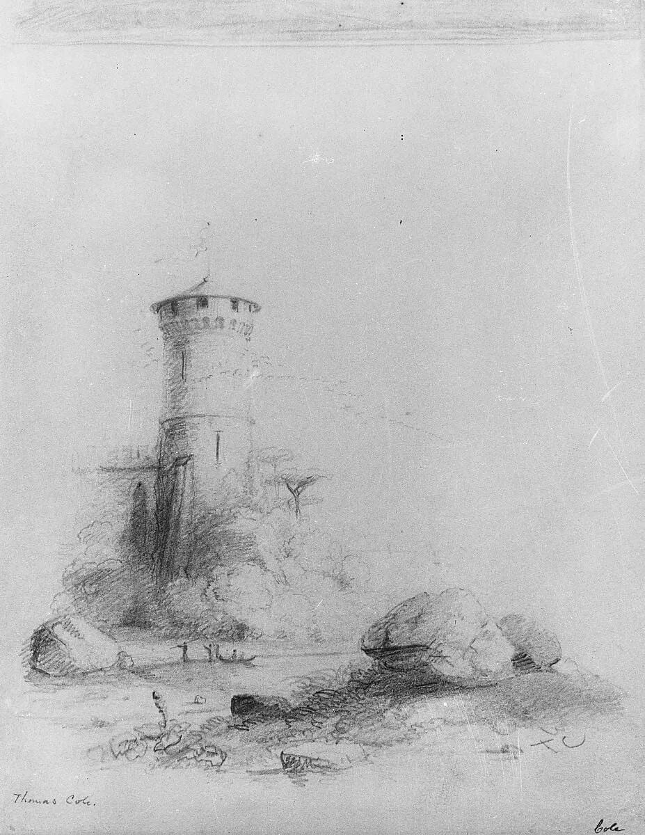 Landscape with Tower (from McGuire Scrapbook), by Thomas Cole, graphite, 1824