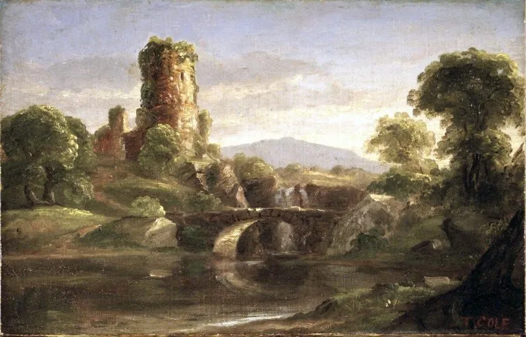 Ruined Castle and River, by Thomas Cole, oil, 1832