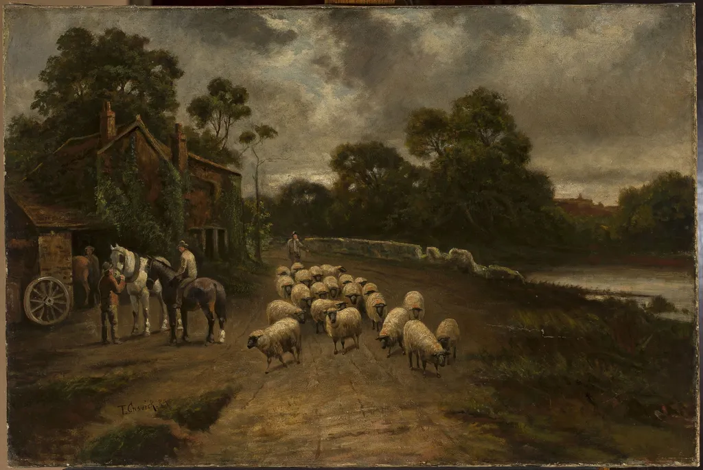 Genre scene with a flock of sheep, by Thomas Creswick, oil, 1850