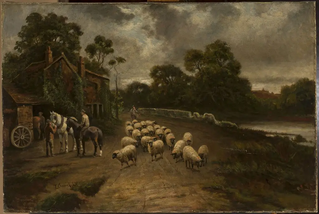 Genre scene with a flock of sheep, by Thomas Creswick