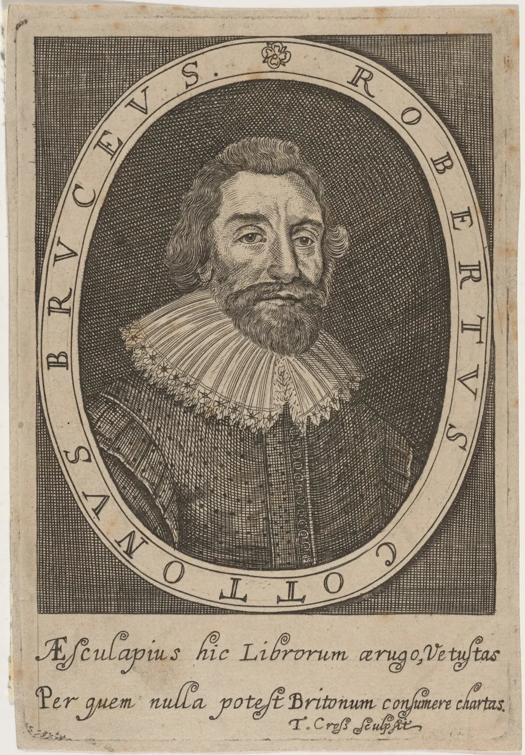 Robertus Cottonus Bruceus (Sir Robert Cotton), by Thomas Cross, ink, 1655