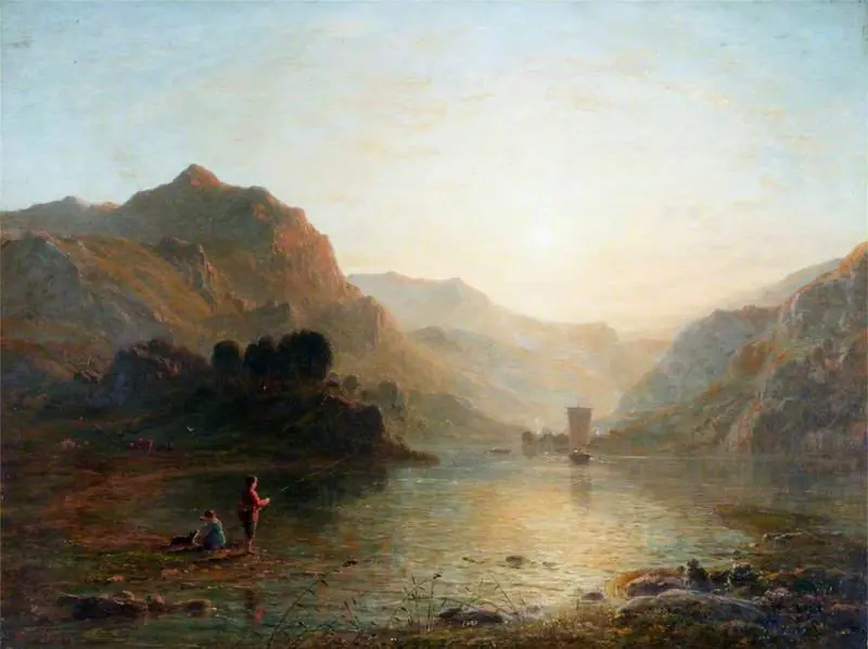 Lake and Mountain Scene with a Boy Fishing, by Thomas Danby