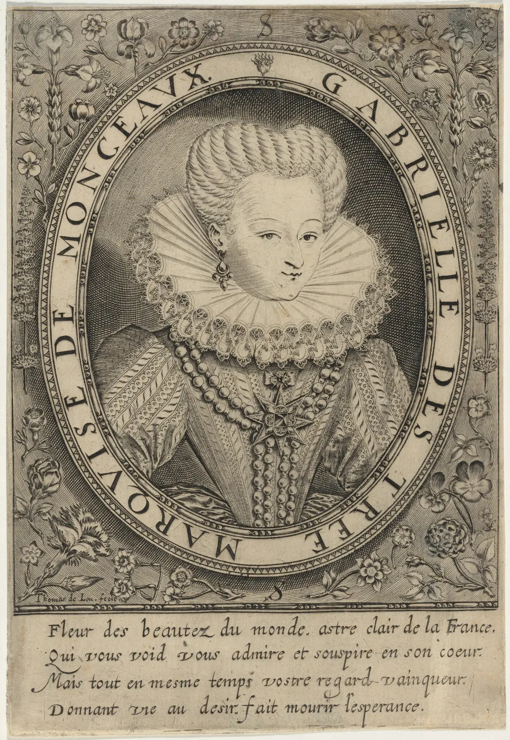 Gabrielle D'Estrees, Marquise de Montceaux, by Thomas de Leu, ink, 1590