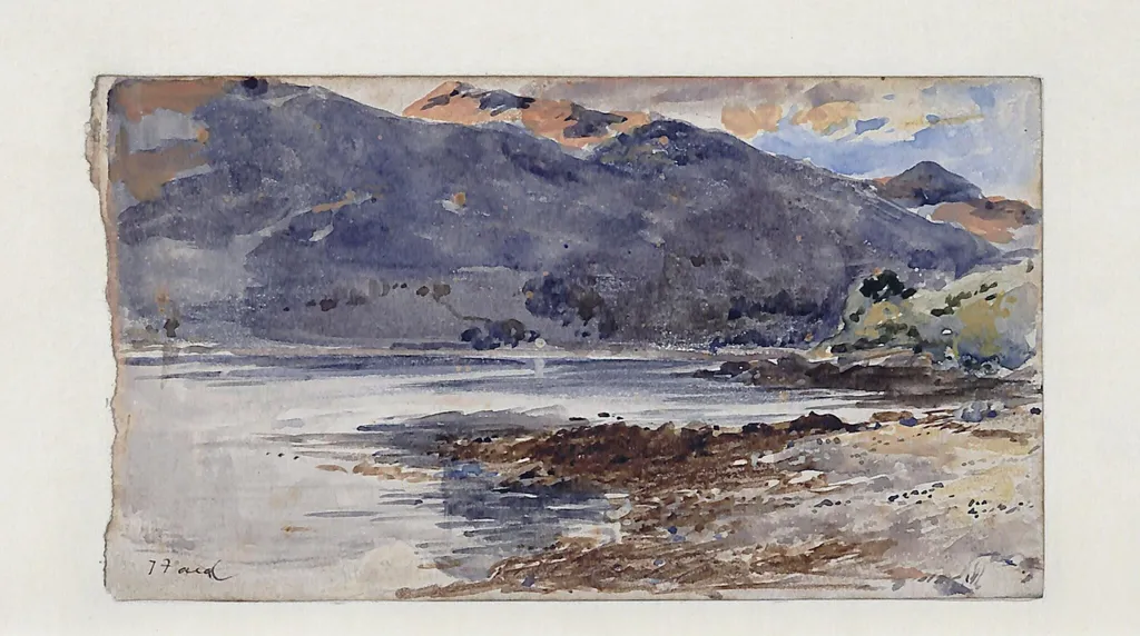 A River Scene with Mountains in the Distance - A Sketch, by Thomas Faed, watercolor, 1850