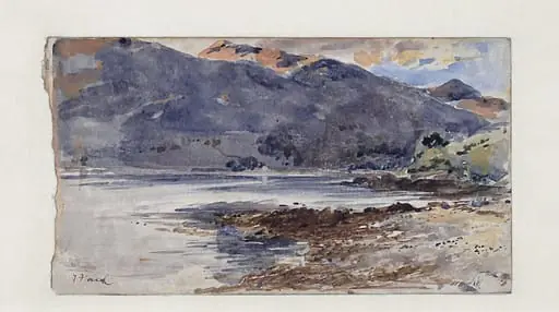 A River Scene with Mountains in the Distance - A Sketch, by Thomas Faed
