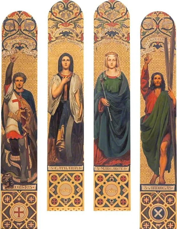 Four Saints (St George, St Catherine, St Margaret and St Andrew) after designs by Alexander Christie and Silas Rice, by Thomas Faed, oil, 1848