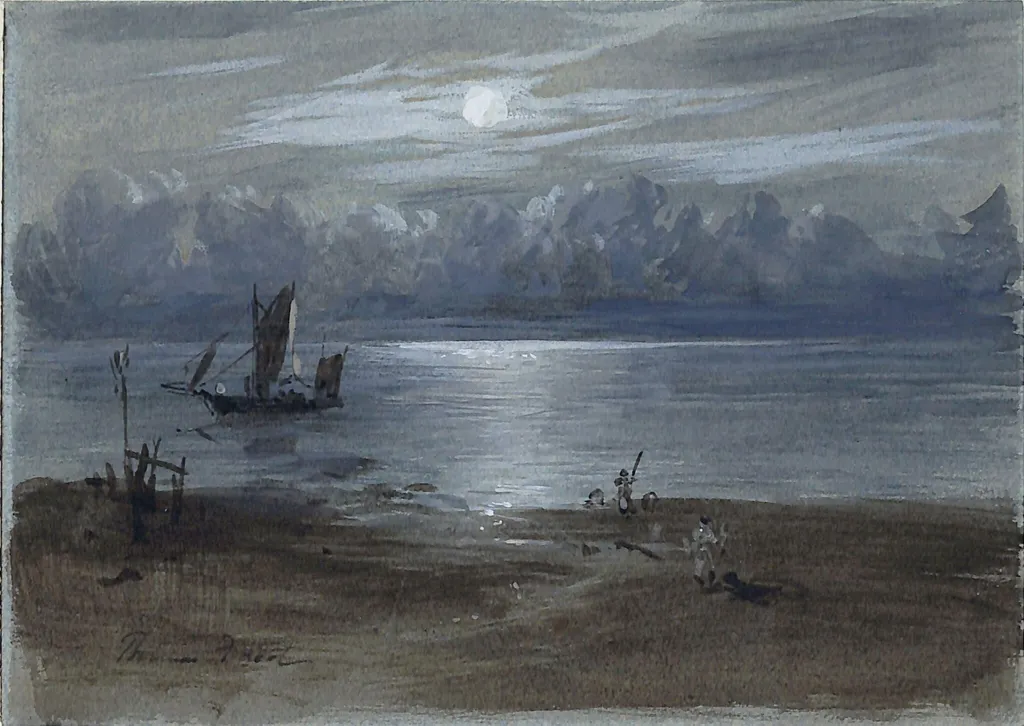 River Scene: Moonlight - A Sketch, by Thomas Faed, watercolor, 1850