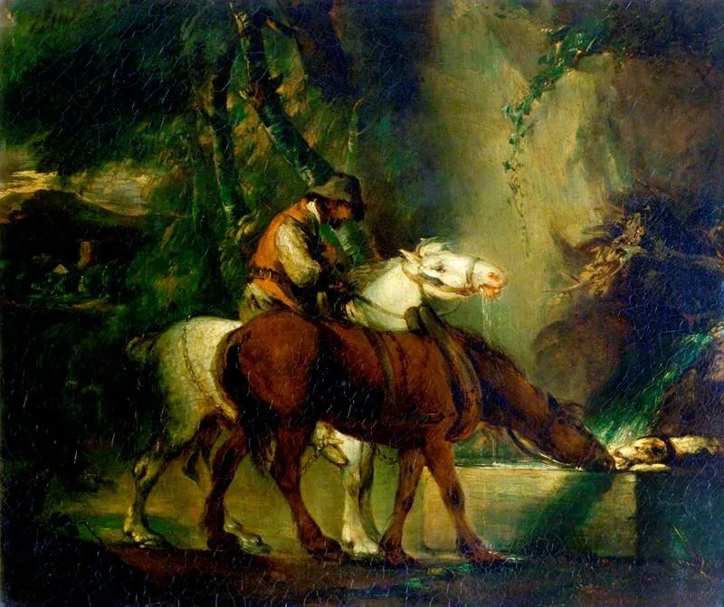 Cart Horses at a Drinking Trough, by Thomas Gainsborough, oil, 1767