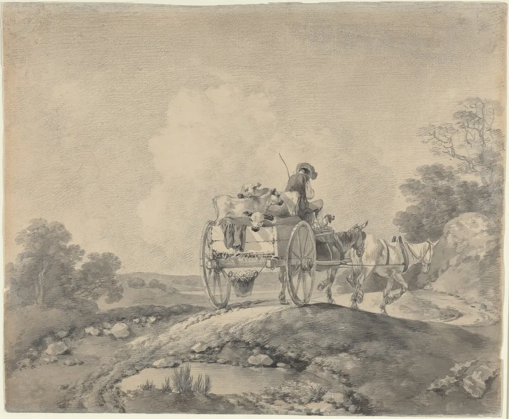 Drover with Calves in a Country Cart, by Thomas Gainsborough, graphite, 1755