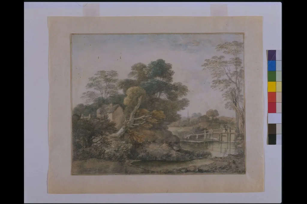 Landscape with Cottage and Stream, by Thomas Gainsborough, watercolor, 1750
