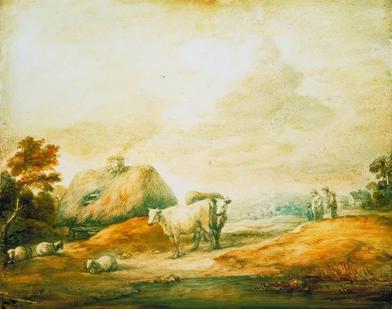 Open Landscape with Peasants, Cows, Sheep, Cottages and a Pool, by Thomas Gainsborough, unspecified