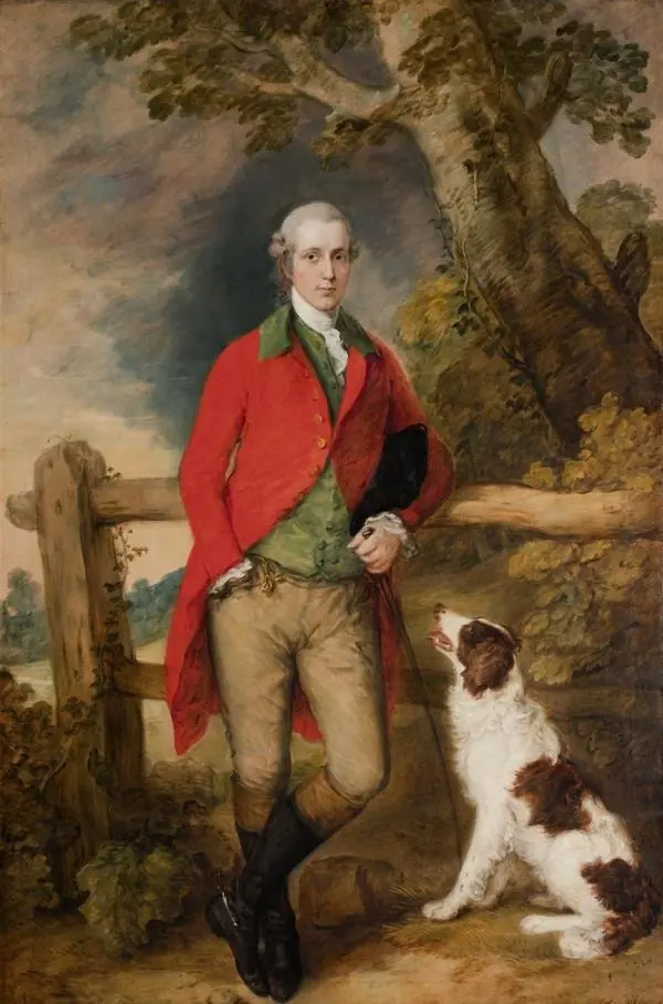Portrait of Robert Thistlethwayte of Norman Court, standing full-length, wearing a red coat, green waistcoat and buff breaches, holding a can, leaning against a fence, a spaniel by his side, by Thomas Gainsborough
