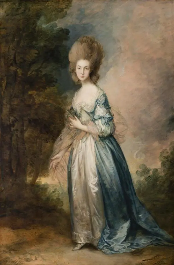Portrait of Selina Thistlethwayte of Norman Court, full-length in blue and white dress, by Thomas Gainsborough