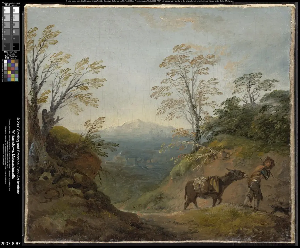 Wooded Landscape with a Boy Leading a Donkey and Dog, and an Extensive Panorama with Buildings and Distant Hills, by Thomas Gainsborough