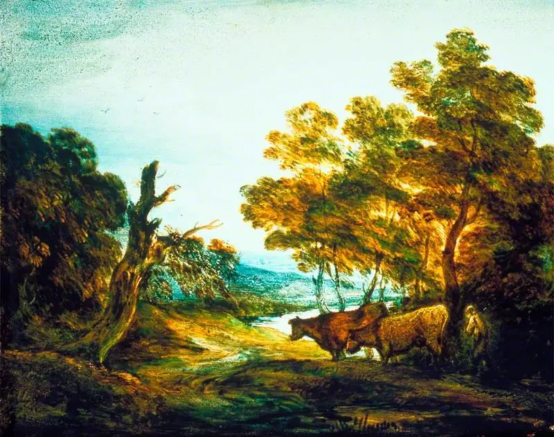 Wooded Landscape with a Herdsman and Two Cows, by Thomas Gainsborough